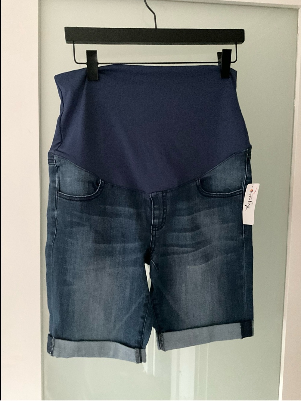 Maternity Denim Bermuda Shorts with Navy Overband